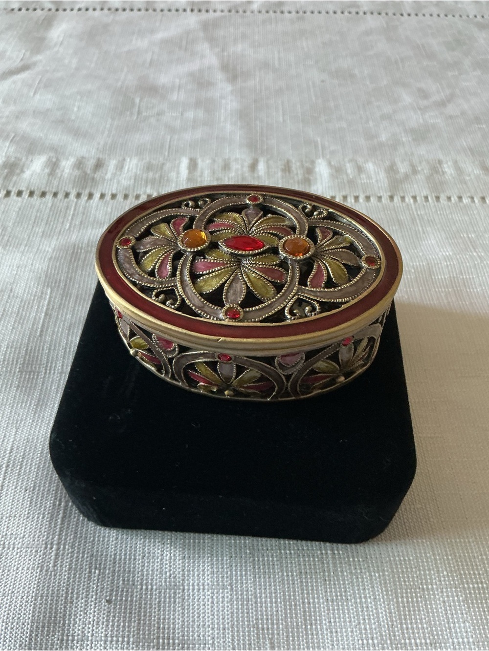 Red Enamel and Rhinestone Filigree Vintage Inspired Gold Tone Trinket Box